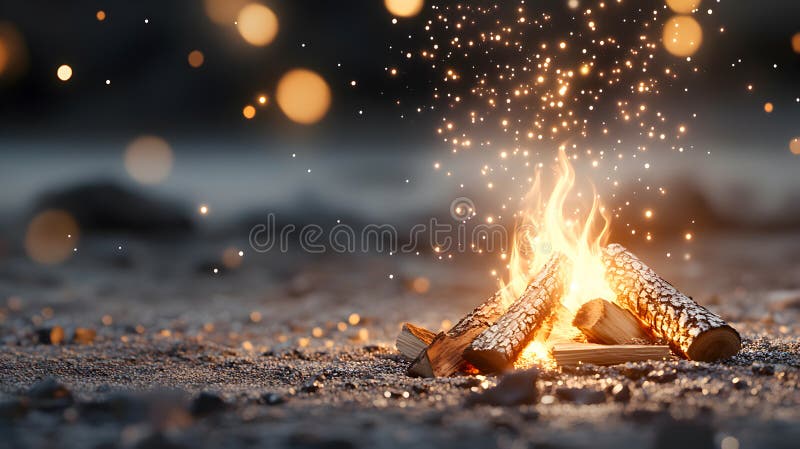 Cozy bonfire burning on sandy ground with floating embers and warm glow. Perfect for outdoor adventure themes, travel royalty free stock photo