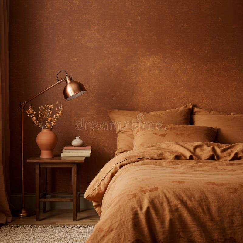 Cozy Brown Bedroom Interior Design with Copper Accents royalty free illustration