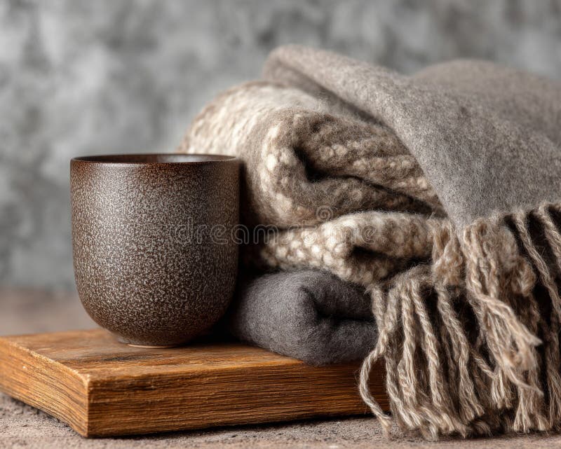 Cozy Brown and Gray Blankets with a Rustic Mug stock illustration