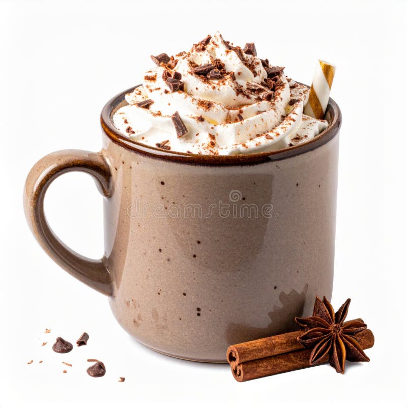 Cozy Brown Mug with Whipped Cream Topped with Chocolate on White Background vector illustration