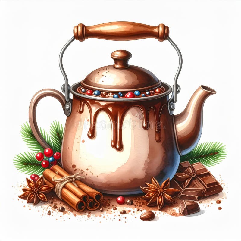 Cozy Brown Teapot with Chocolate Drizzle Anise and Cinnamon Sticks vector illustration