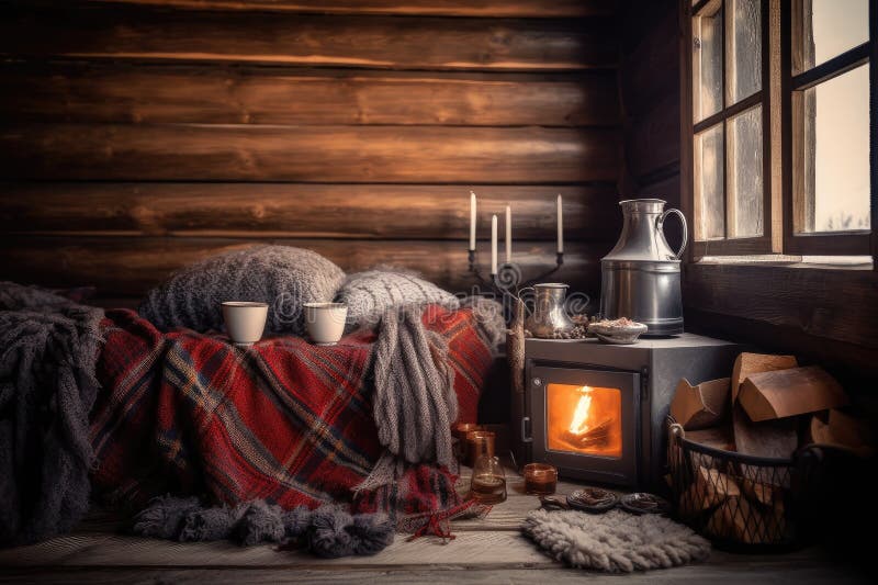 Cozy Cabin with Fireplace, Warm Blankets and Hot Mug of Tea Stock Image