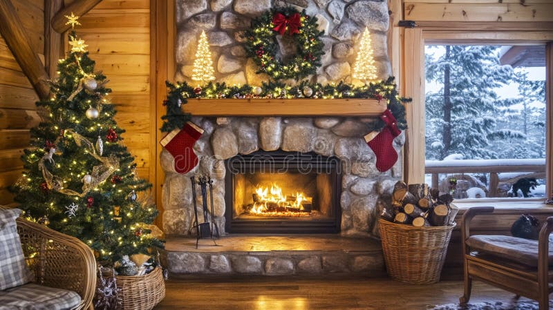 Cozy cabin living room interior with a rustic stone fireplace and Christmas tree, decorated with festive wreath and royalty free stock image
