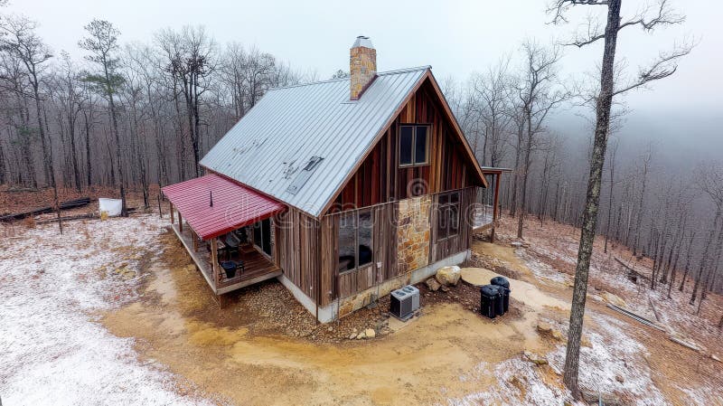 Cozy Cabin Retreat Rustic Charm Amidst Winters Embrace in the Woods stock photos