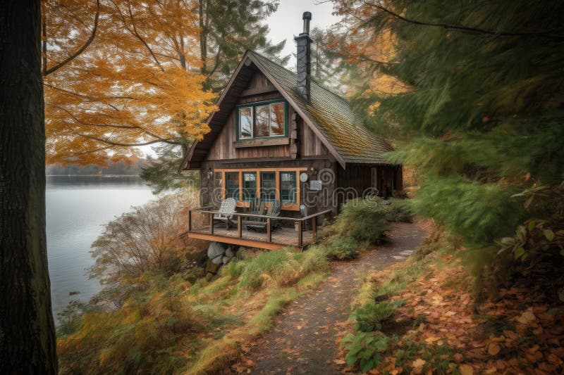Cozy Cabin with View of the Lake, Surrounded by Trees Stock Image Image of outdoors, nature