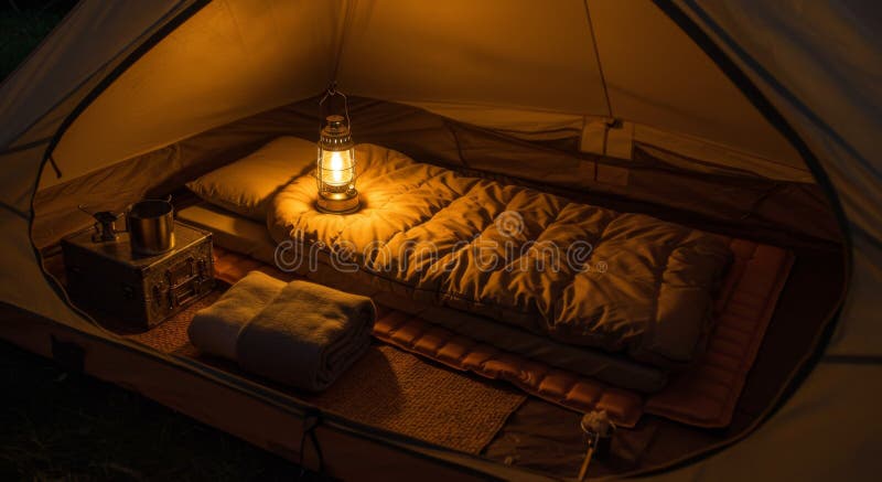Cozy Camping Tent Interior at Night with Lantern Stock ...