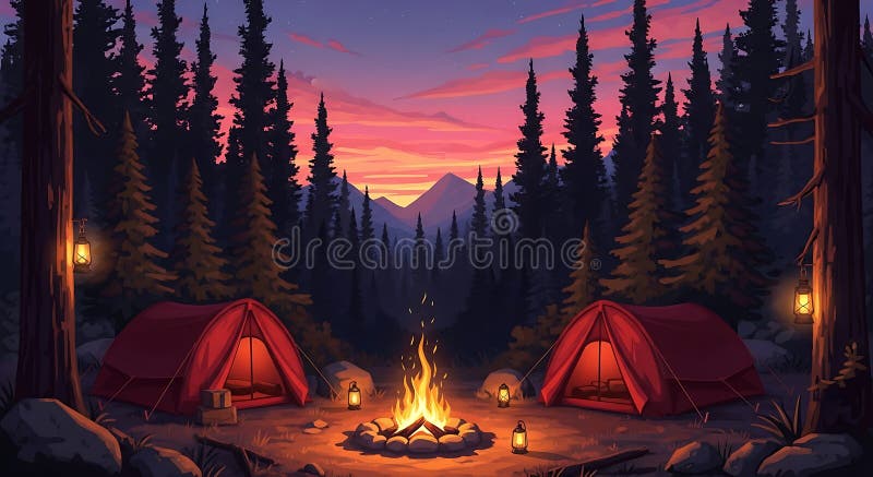 Cozy campsite in a dark forest with a campfire and two tents at sunset royalty free illustration