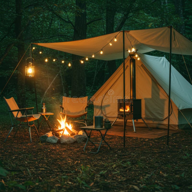 Cozy Campsite in Dark Forest with Warm Firelight stock illustration