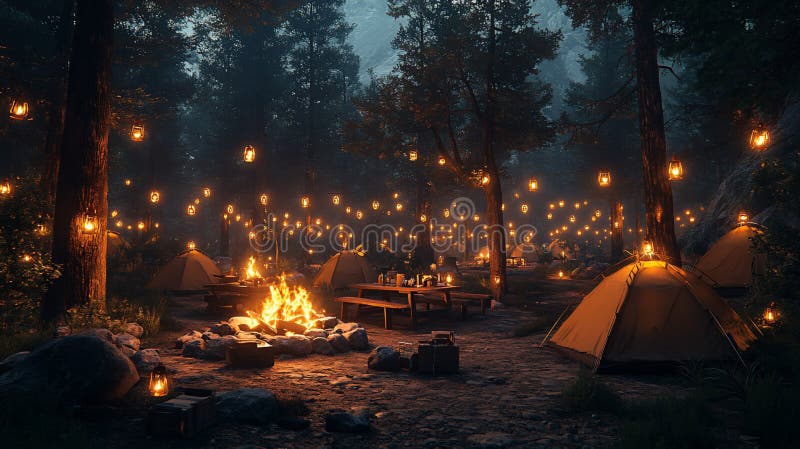 A cozy campsite with tents, a campfire, and lanterns illuminating the forest at night royalty free illustration