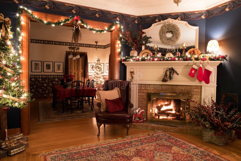 Victorian Christmas Setting with Fireplace