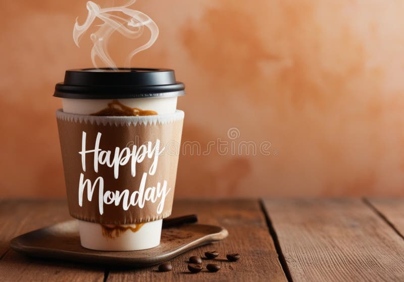 Cozy Coffee Cup with \'Happy Monday\' Handwritten Script royalty free illustration