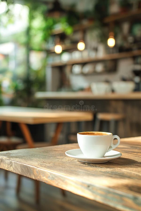 Cozy coffee shop scene with barista preparing drinks behind counter. Wooden table holds white cup of coffee with brown rim vector illustration