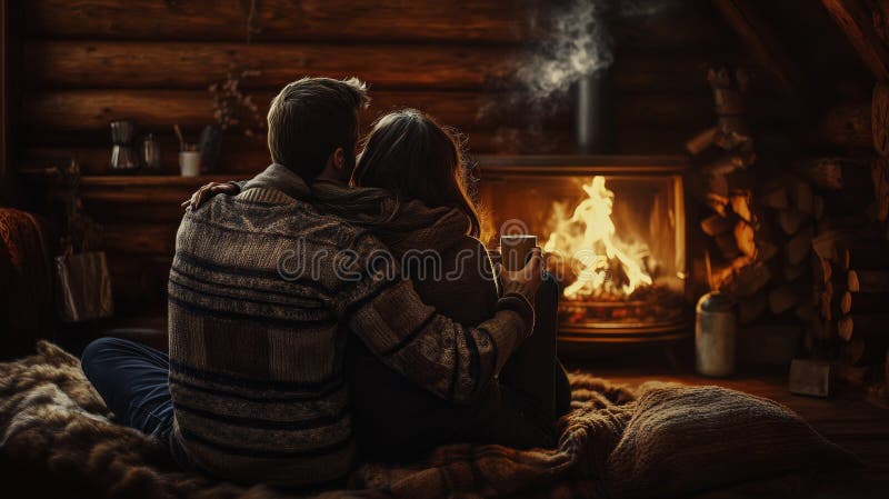 Intimate couple cuddling close in warm firelight, wrapped in blankets, faces soft with affection and desire in a cozy stormy night setting