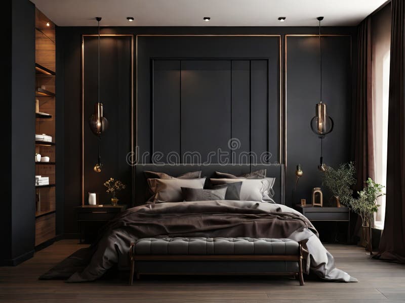 Cozy dark bedroom interior stock photo. Image of estate 305780182