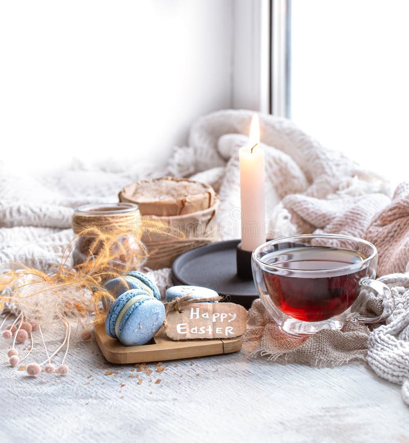 Cozy Easter still life with decor . Morning tea with dessert