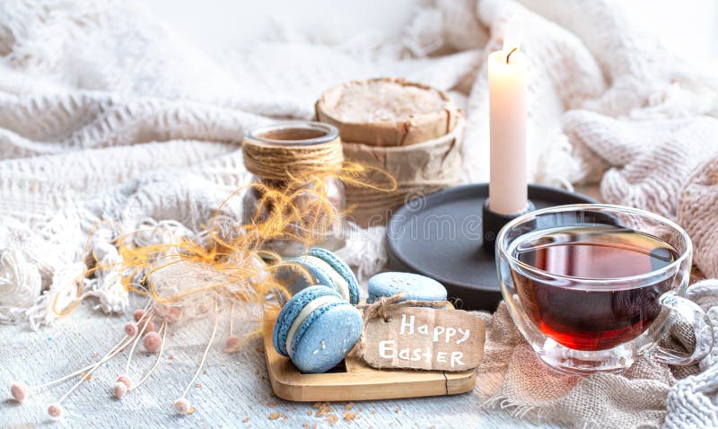 Cozy Easter still life with decor . Morning tea with dessert