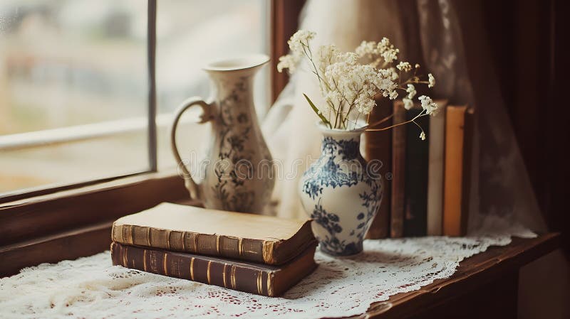 Cozy and Elegant Vintage Still Life with Flowers and Books by Window stock illustration