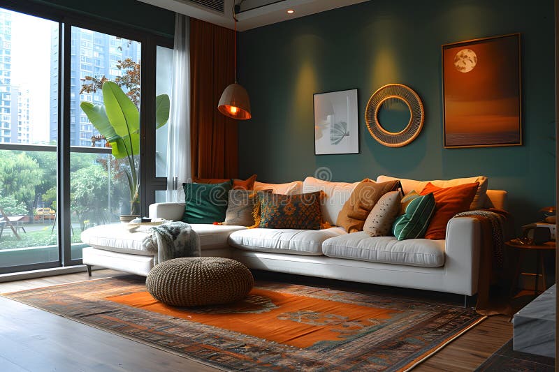 Cozy Emerald Green Living Room Design with Minimal Decorations Stock