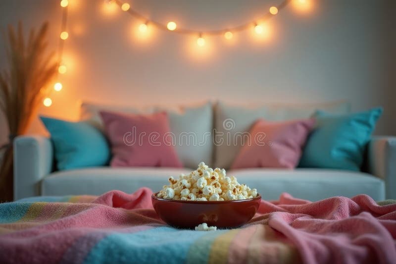 Cozy evening relaxation a bowl of buttery popcorn on a soft blanket in front of a comfortable sofa with warm string lights. stock illustration