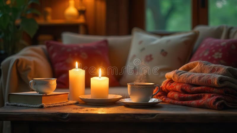 Cozy evening relaxation warm candlelight, steaming beverage, and soft textiles on rustic table. Generative AI stock illustration
