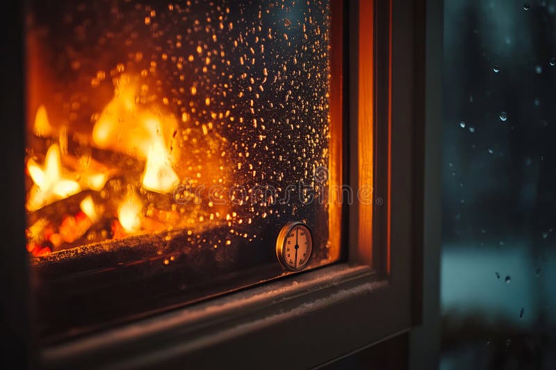 Warm fireplace glow through rain-streaked window, evoking intimate cozy surrender on stormy autumn night