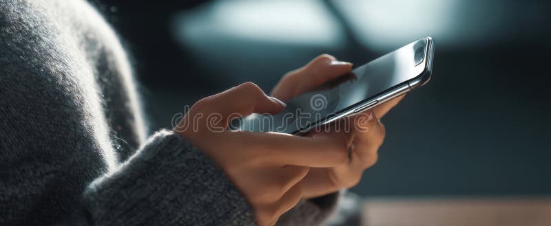 The cozy hands interacting with a smartphone in a relaxed setting. image stock image.