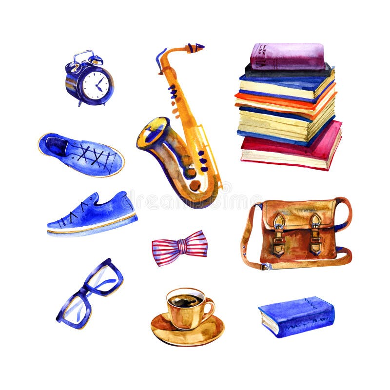 Cozy hipster objects by watercolor on white background. saxophone, sneakers, watches, glasses, tie, bag, books, diary