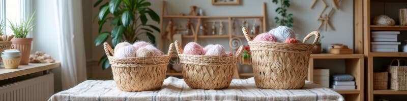 Cozy home interior with woven baskets filled with colorful yarn balls stock image