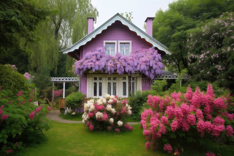 Cozy House Surrounded by Blooming Flowers and Greenery Stock Image