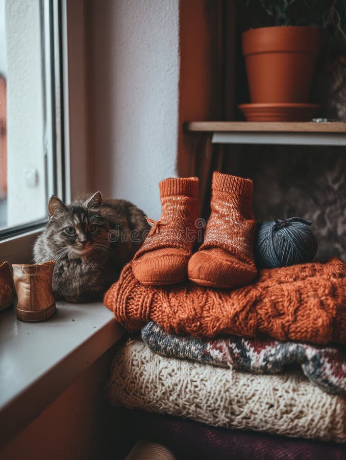 Cozy Indoor Corner With Warm Wool Socks, a Playful Cat, and Soft Knitted Blankets in a Sunny Setting Generative AI royalty free stock photos