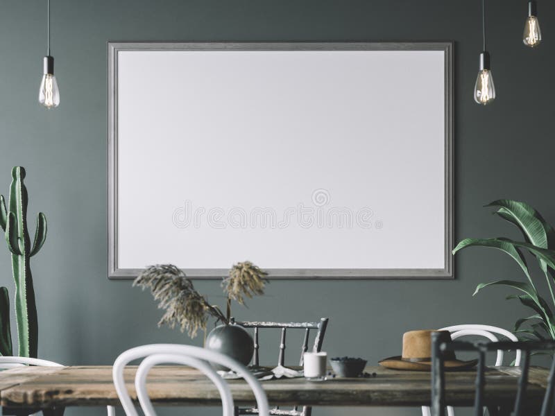 Cozy interior with empty poster frame. Frame mockup in interior. royalty free stock image