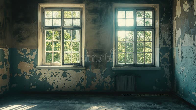Cozy interior room with two windows and a radiator, suitable for use in real estate or design projects royalty free stock images