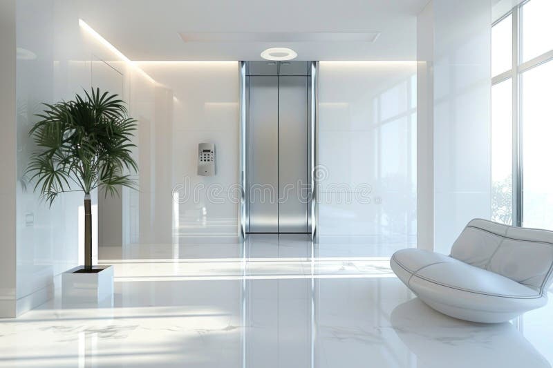 Cozy interior scene featuring a single chair and a potted plant in a white room royalty free stock photo