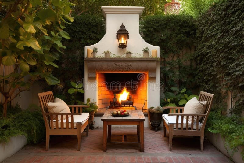 A Cozy and Inviting Patio, with a Fireplace and Seating for Two Stock Photo Image of generated