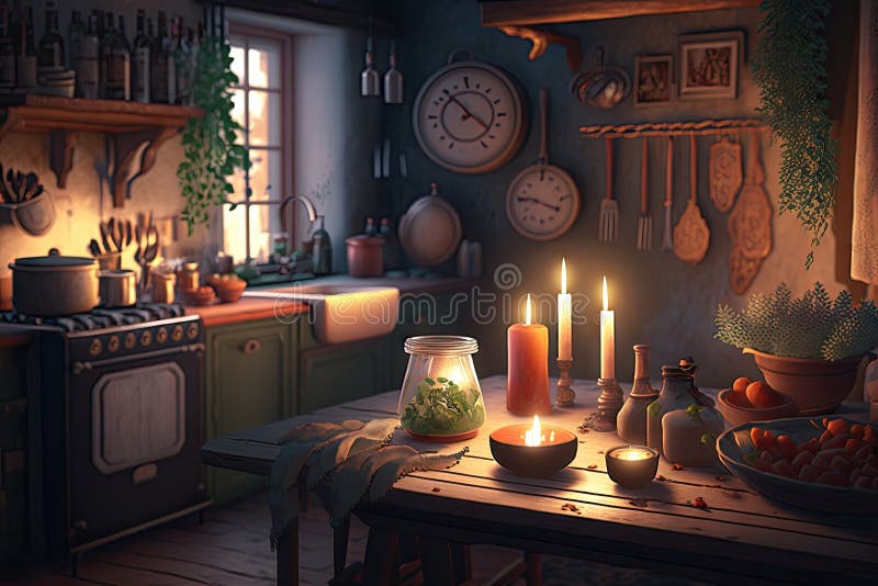Cozy Kitchen with Candles, Warm Light and Cozy Atmosphere at Night