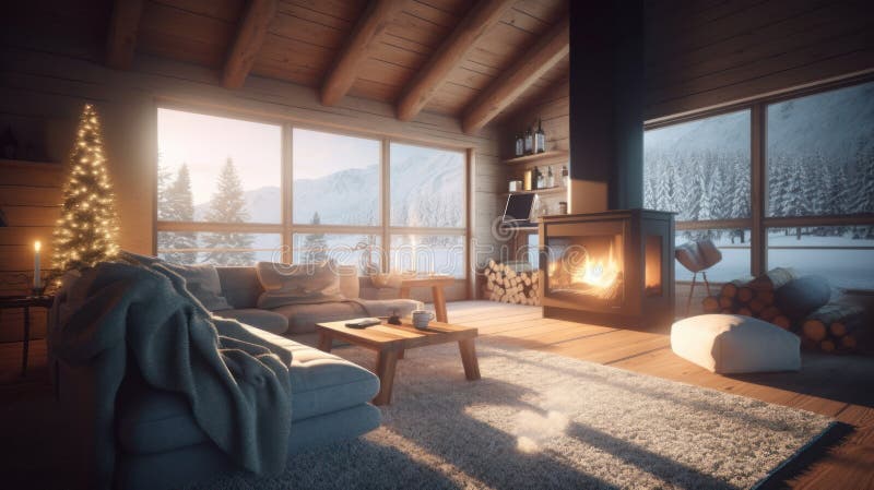 Cozy living room in an Alpine chalet. Rustic wooden furniture, a burning fireplace, a soft fluffy carpet, a Christmas