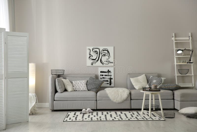 Cozy Living Room Interior with Big Grey Sofa Stock Image Image of