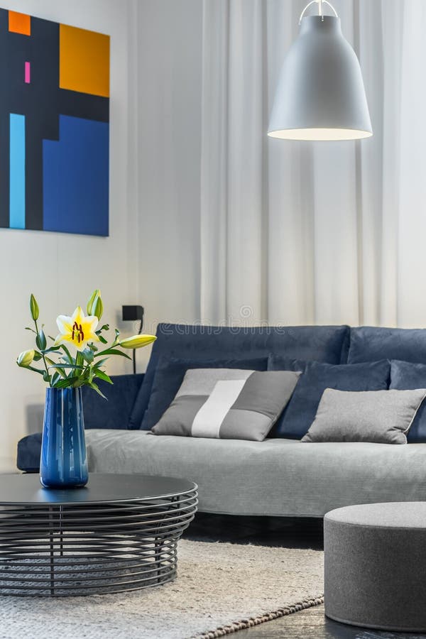 Cozy living room with sofa stock photo. Image of grey 83825084