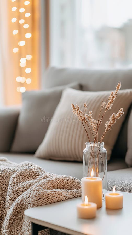 Cozy living room with soft textiles and candlelight ambiance royalty free stock images
