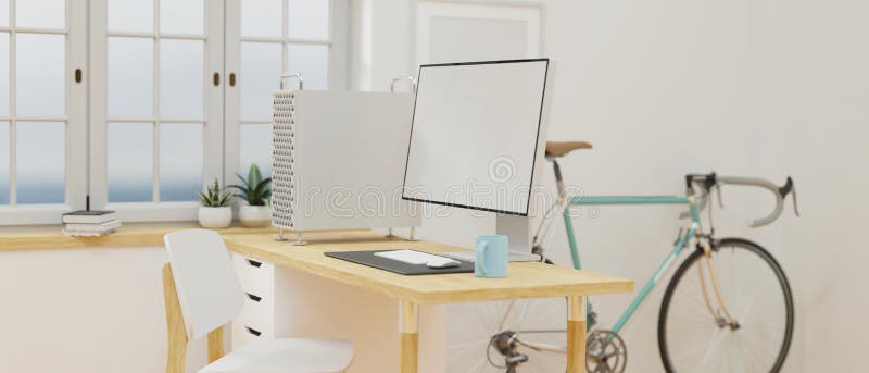 Cozy and Minimal Japanese Home Office Design with Desktop Computer, Wooden  Desk, Bicycle and Copy Space Stock Illustration - Illustration of  furniture, idea: 223797260