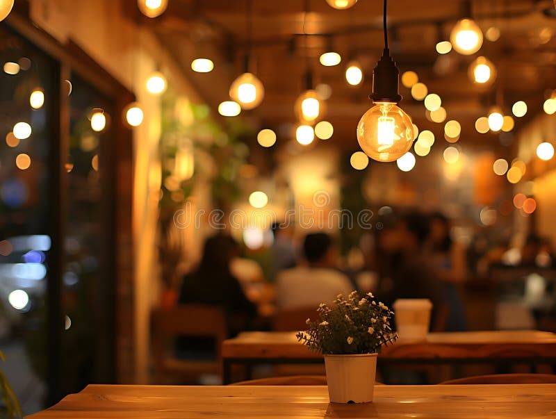 Cozy Modern Cafe Interior with Inviting Warm Lighting and Blurred
