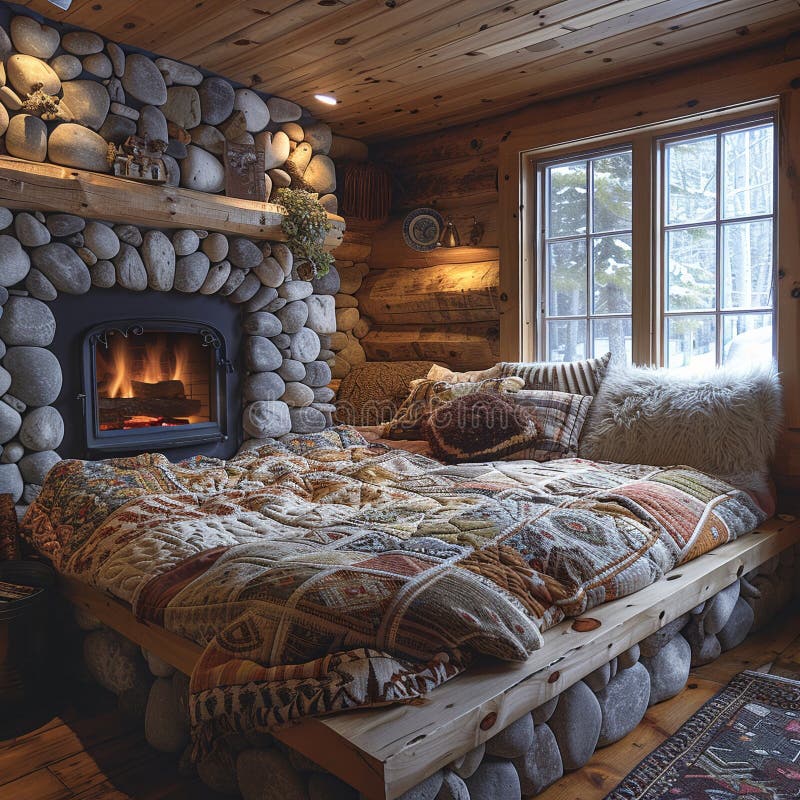 Cozy mountain cabin bedroom with a log bed quilted blankets stock photos