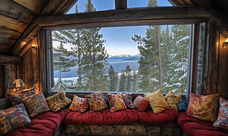 Cozy mountain cabin seating area with a panoramic view vector illustration