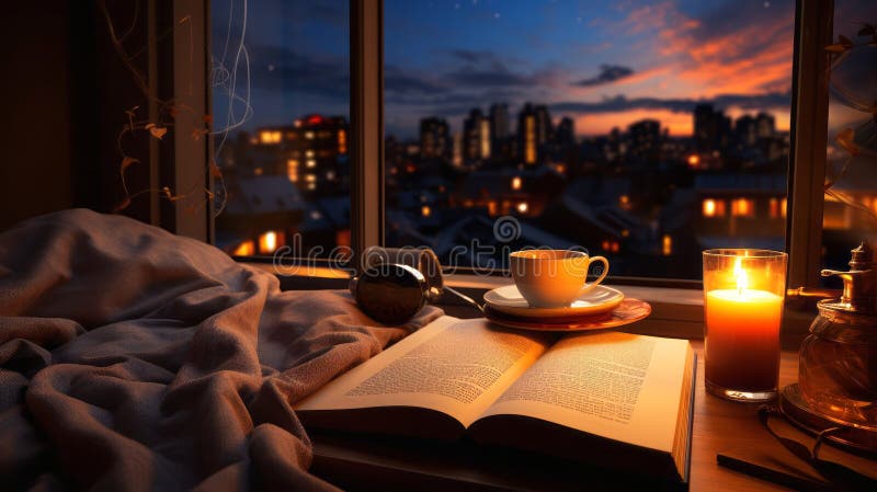 Cozy night apartment with open book and cup of beverage. Generative AI. vector illustration