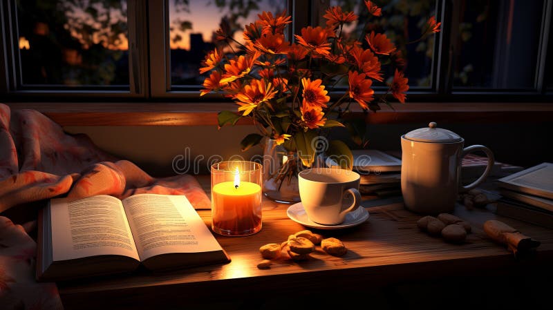 Cozy night apartment with open book and cup of beverage. Generative AI. vector illustration