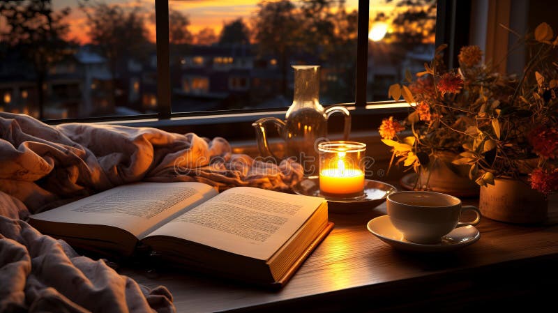 Cozy night apartment with open book and cup of beverage. Generative AI. vector illustration