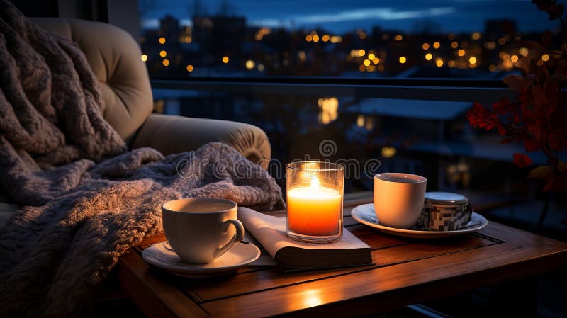 Cozy night apartment with open book and cup of beverage. Generative AI. stock illustration
