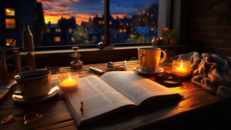 Cozy night apartment with open book and cup of beverage. Generative AI. royalty free illustration
