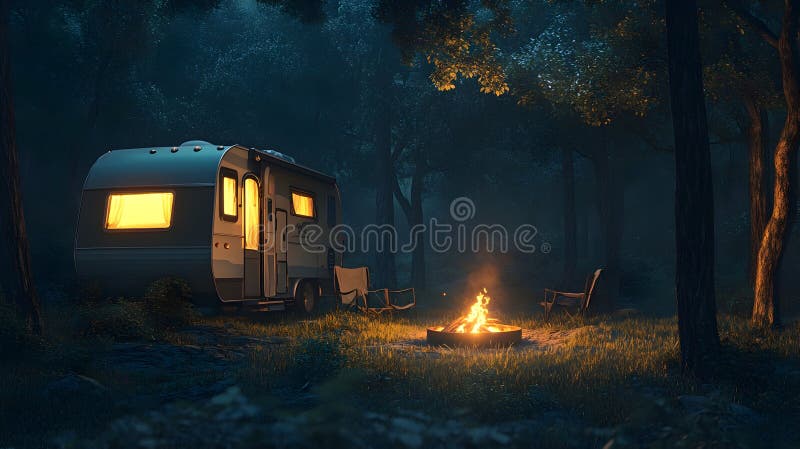 Cozy night camping with caravan and campfire in a dark forest setting stock image