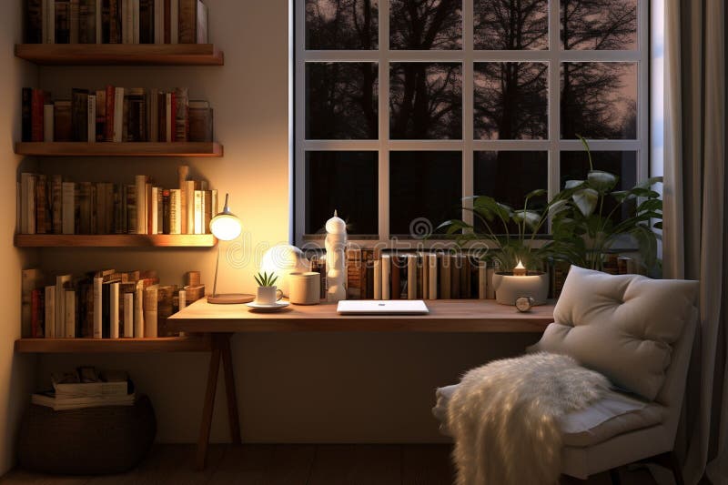 Cozy Office Nook with a Desk and Bookshelves in Stock Image - Image of ...